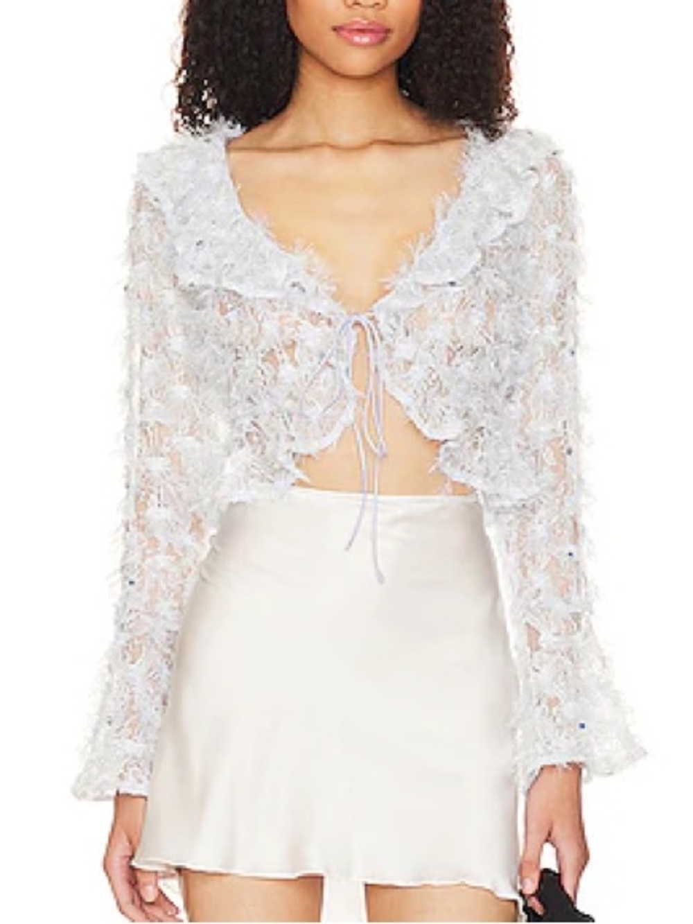 For Love & Lemons Moira Top Blue Eyelash Lace Cropped Cardigan 39239 - Picture 3 of 11